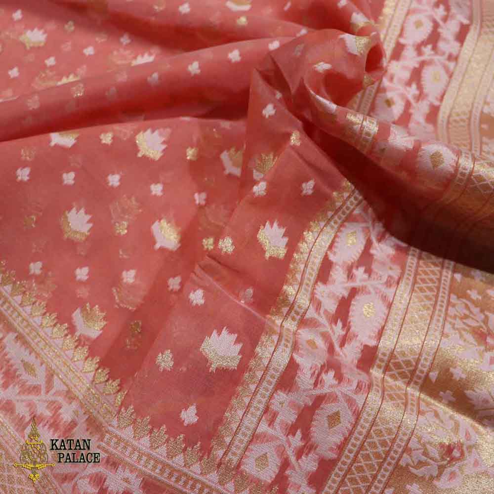 Handwoven Rose Pink Banarasi Cotton Jamdani Saree – WeaverStory
