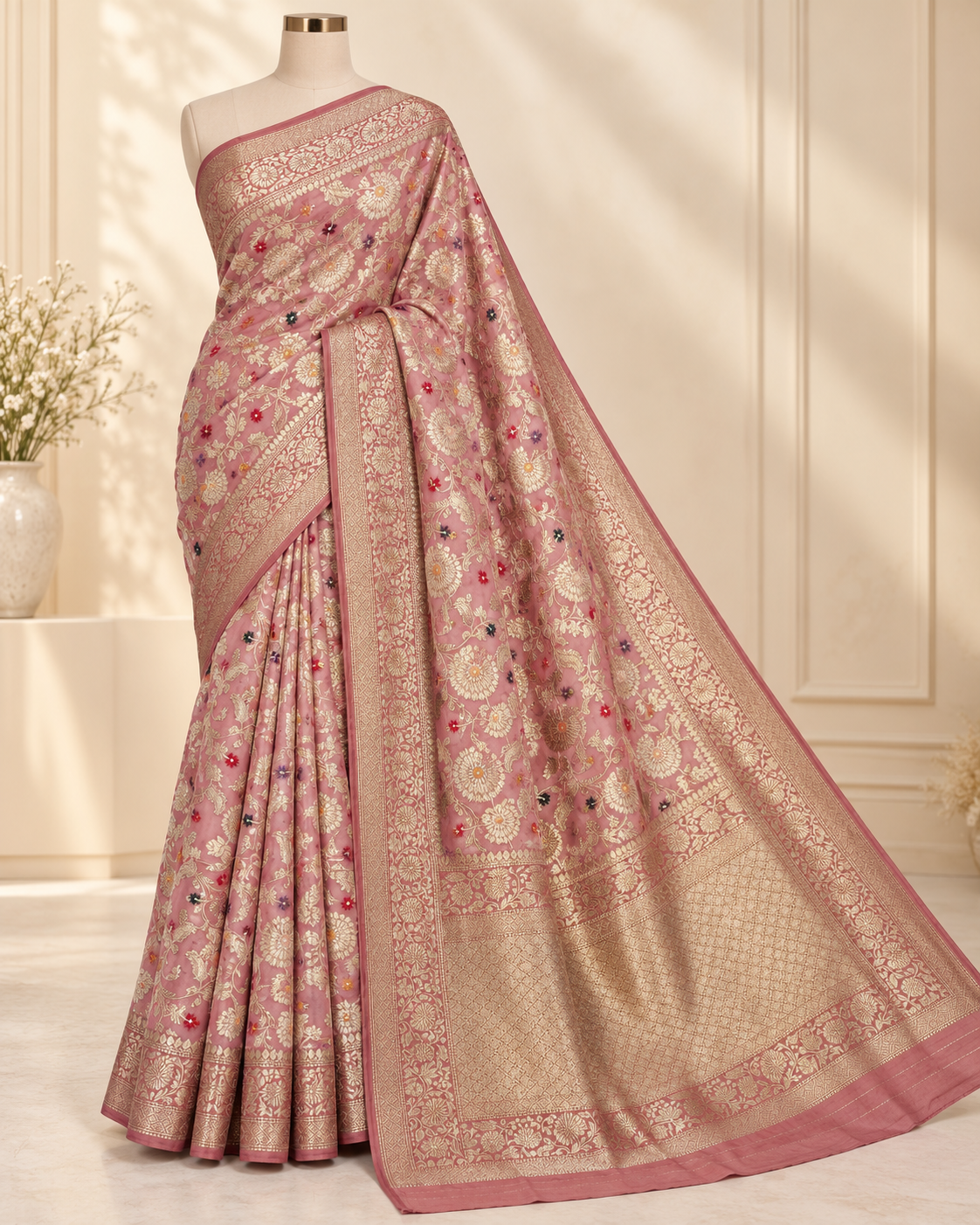 Gulabi Shahi Jaal – Banarasi Viscose Pure Georgette Saree