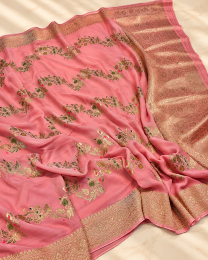 Dusty-Rose-Gajri Gulzar – Banarasi Viscose Pure Georgette Silk Saree