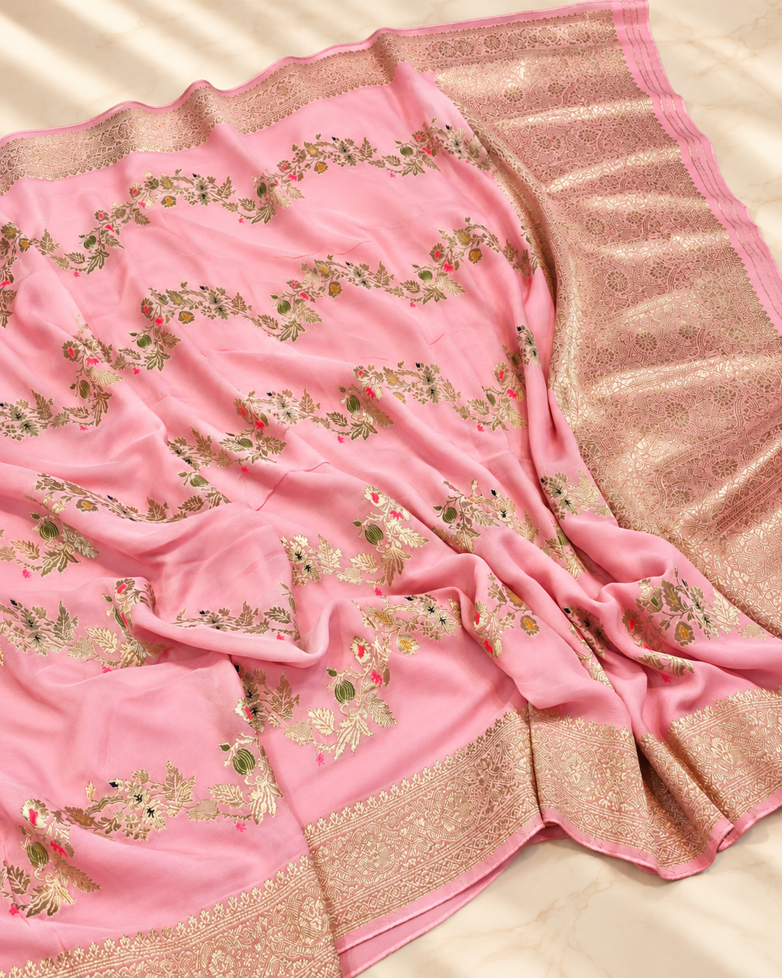 Baby-Pink Gulzar – Banarasi Viscose Pure Georgette Silk Saree