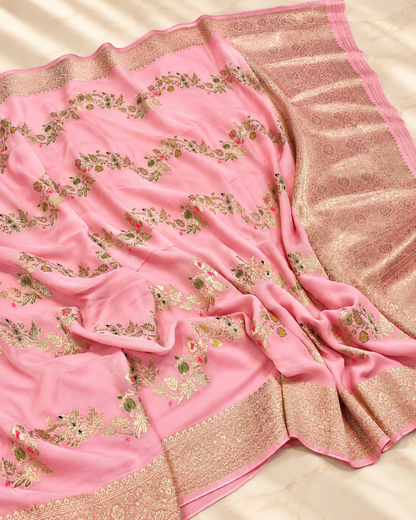 Baby-Pink Gulzar – Banarasi Viscose Pure Georgette Silk Saree
