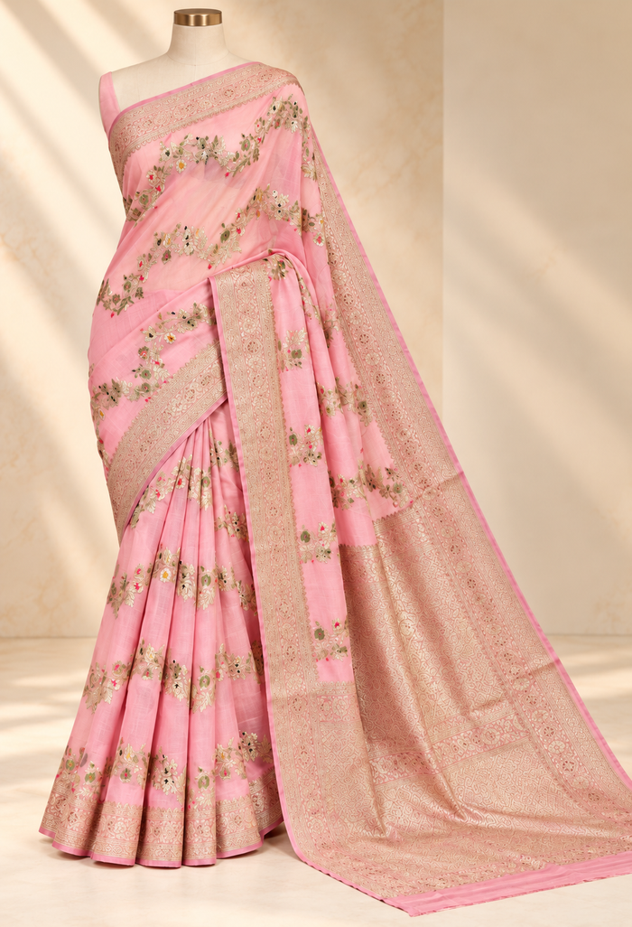 Baby-Pink Gulzar – Banarasi Viscose Pure Georgette Silk Saree