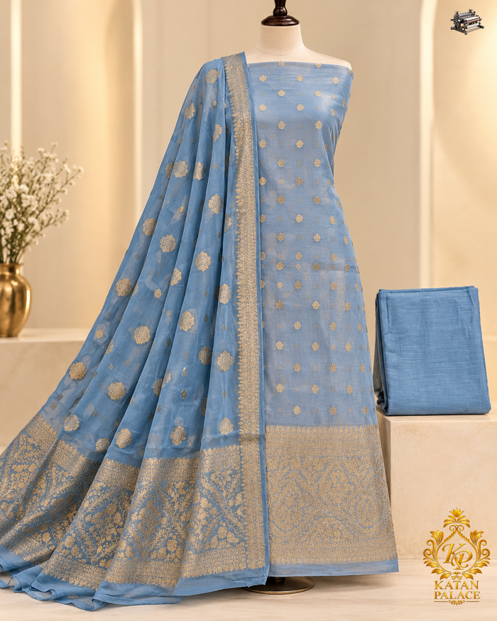 Banarasi Mehr-e-Noor – Sky Blue Golden Zari Woven Suit Set