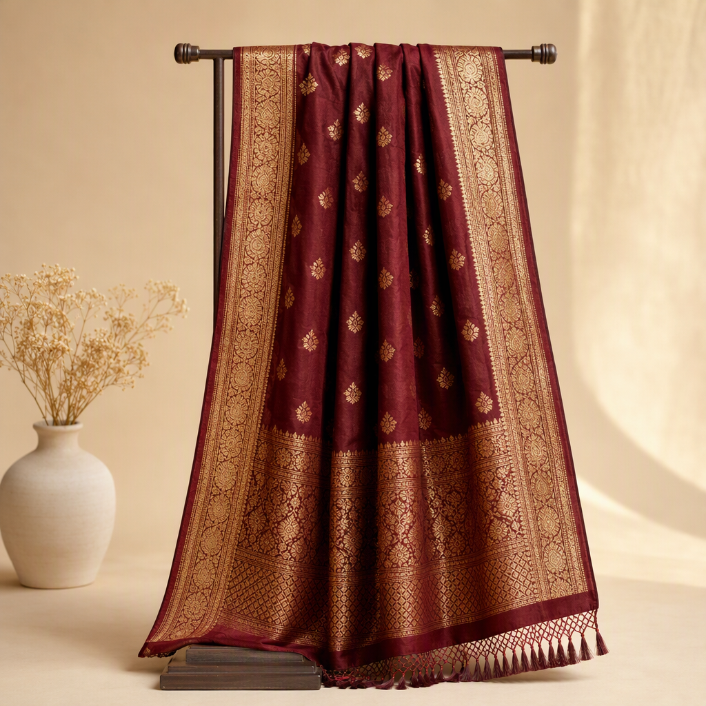 Maroon Banarasi silk dupatta with gold zari border on a display stand