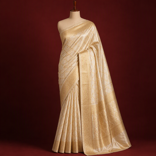 Ivory Banarasi katan silk saree with gold jaal pattern