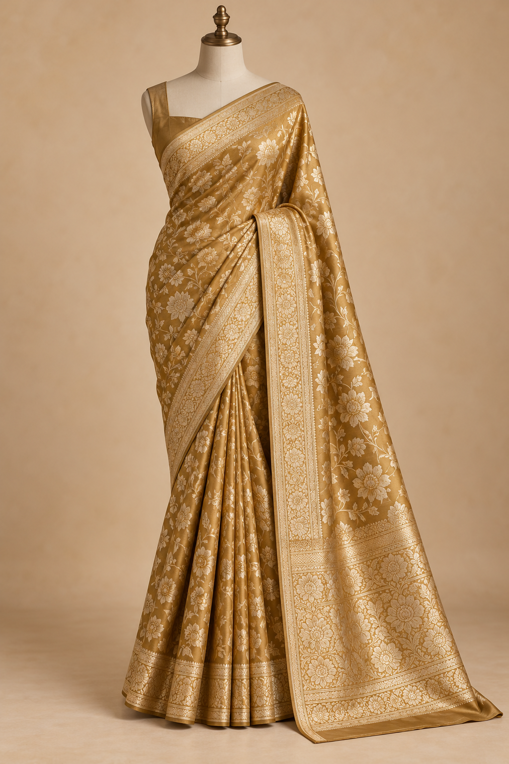 Antique gold floral saree on a display form