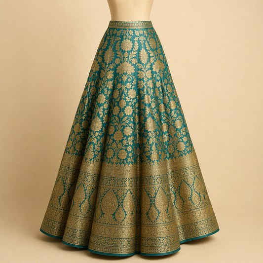 Teal and gold Banarasi lehenga skirt on a display form