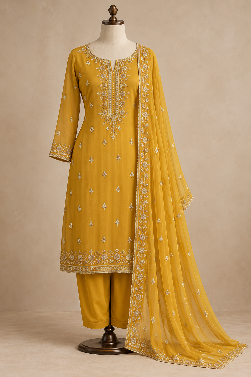 Mustard salwar suit set on a display form