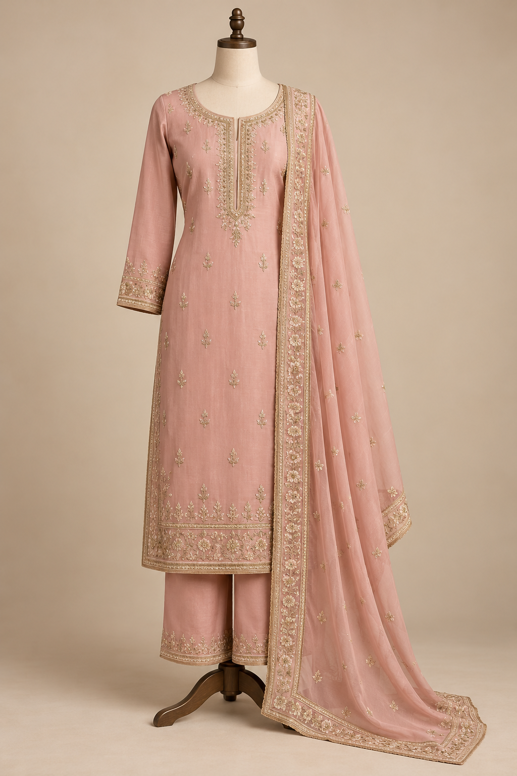 Blush pink salwar suit set on a display form