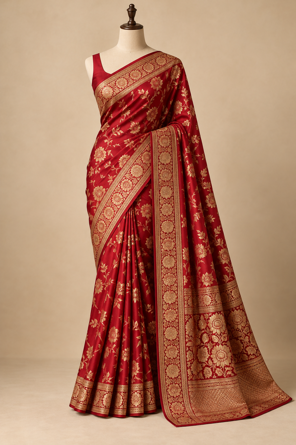 Ruby red Banarasi-inspired saree on a display form