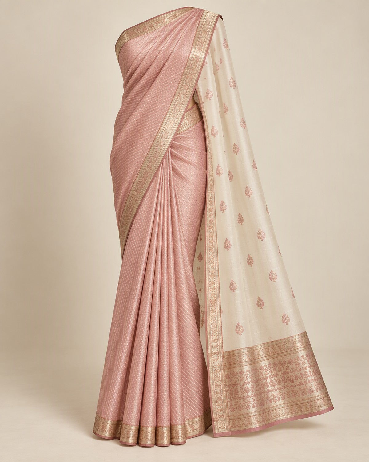 Blush pink and ivory saree with a fine diagonal pattern and slim rose gold border, front view