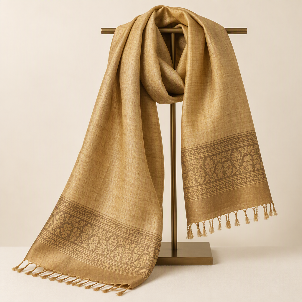 Antique gold tussar silk stole folded on a display stand