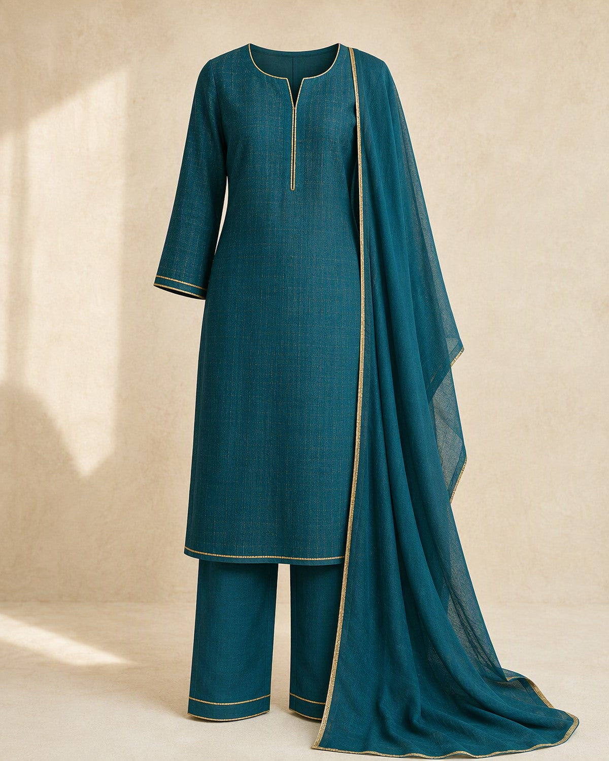 Teal straight-cut suit set with gold line trim, matching bottoms and dupatta, front view