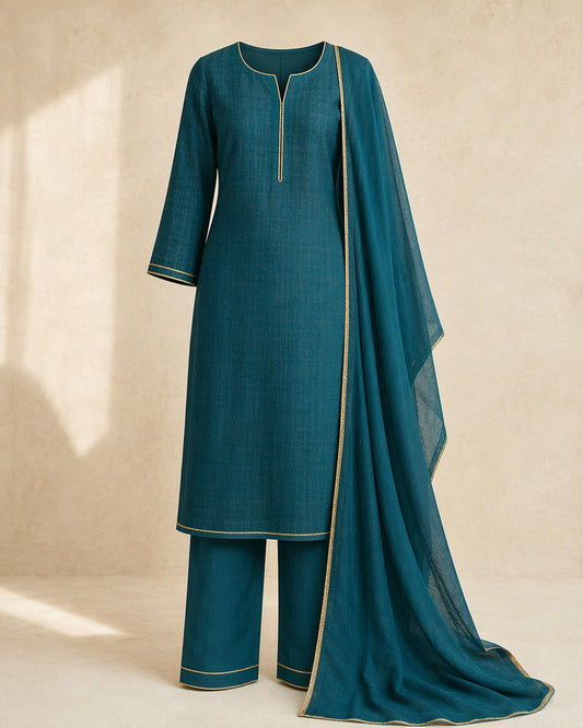 Teal straight-cut suit set with gold line trim, matching bottoms and dupatta, front view