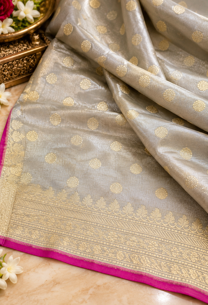Banarasi Pure Handloom Tissue Silk Saree – Shahi Noor Gold Zari Weave
