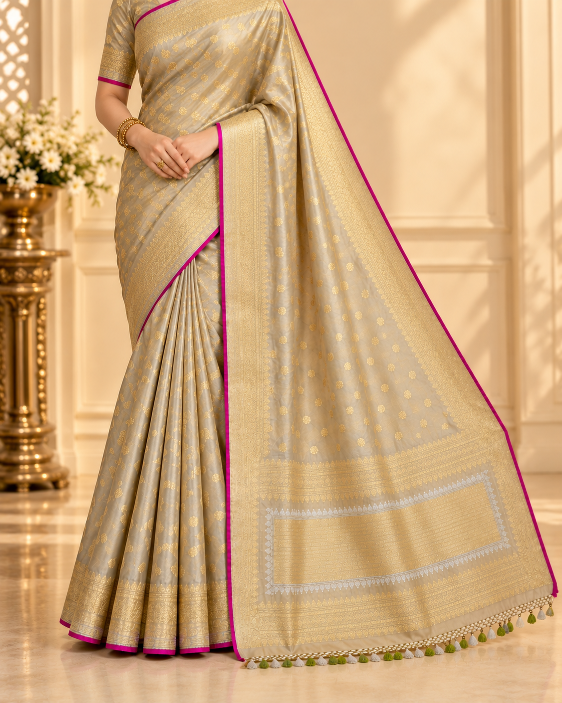 Banarasi Pure Handloom Tissue Silk Saree – Shahi Noor Gold Zari Weave