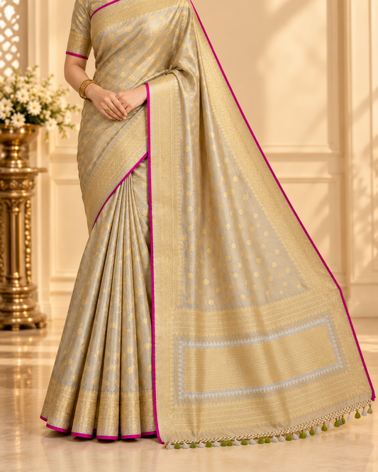 Banarasi Pure Handloom Tissue Silk Saree – Shahi Noor Gold Zari Weave