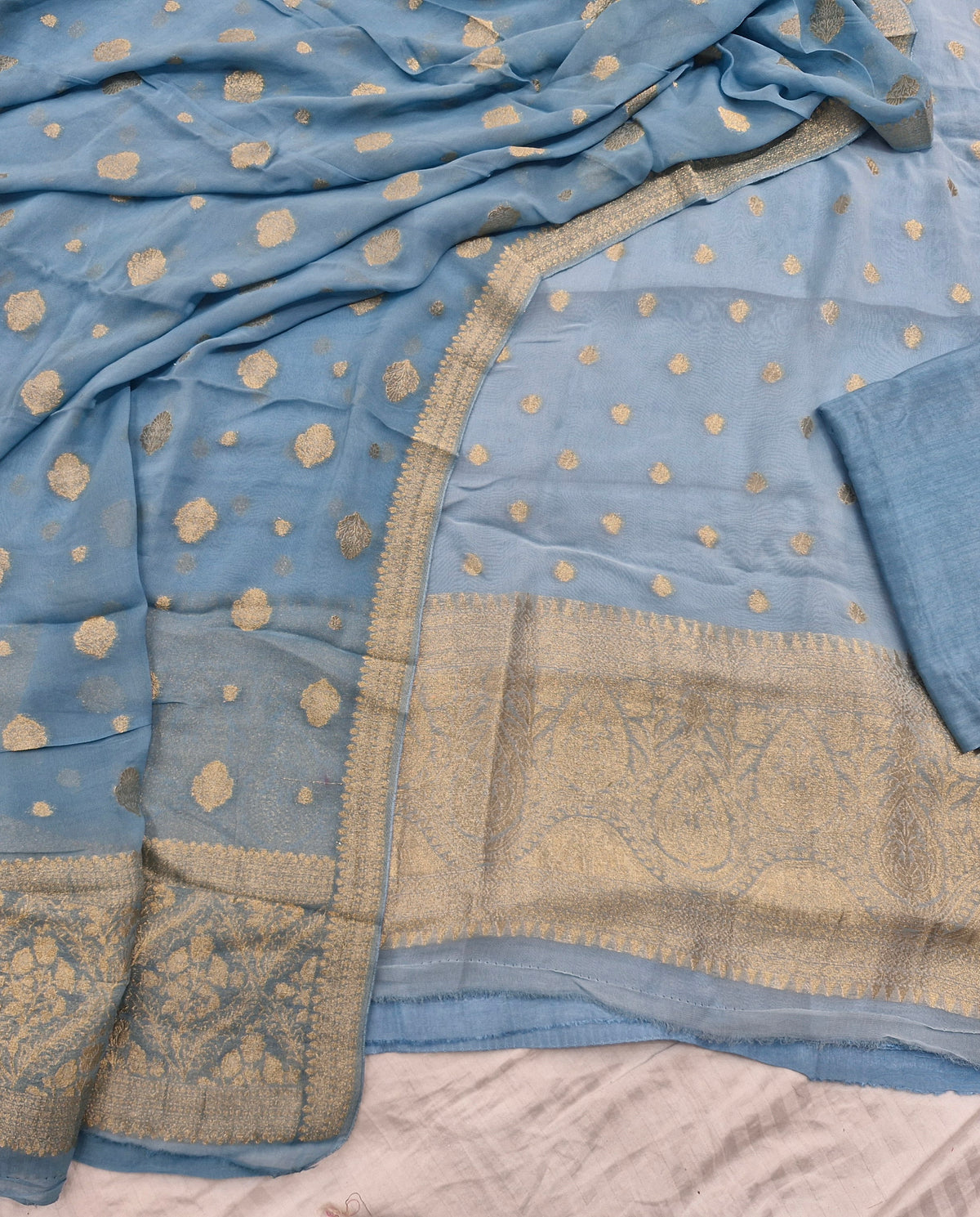 Banarasi Mehr-e-Noor – Sky Blue Golden Zari Woven Suit Set