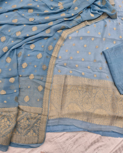 Banarasi Mehr-e-Noor – Sky Blue Golden Zari Woven Suit Set