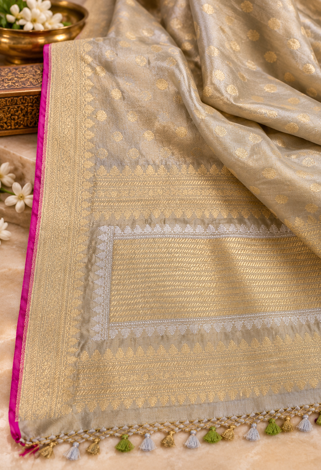 Banarasi Pure Handloom Tissue Silk Saree – Shahi Noor Gold Zari Weave