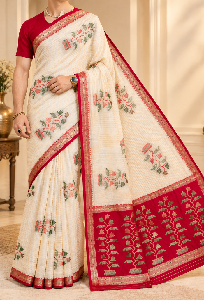 Banarasi Gulshan Buta Jamdani – Viscose Pure Crepe Silk Saree | Ivory & Rani Pink