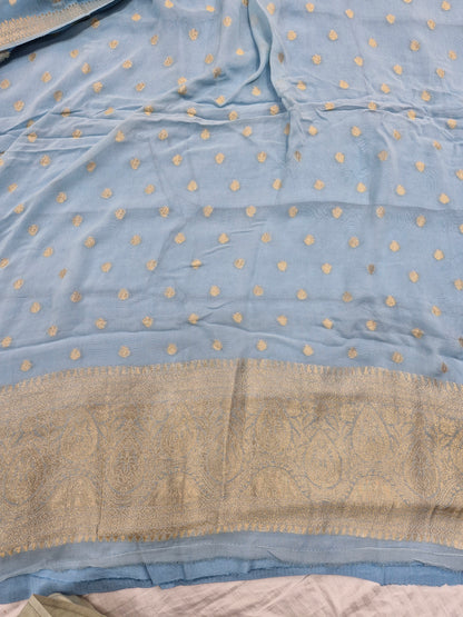 Banarasi Mehr-e-Noor – Sky Blue Golden Zari Woven Suit Set