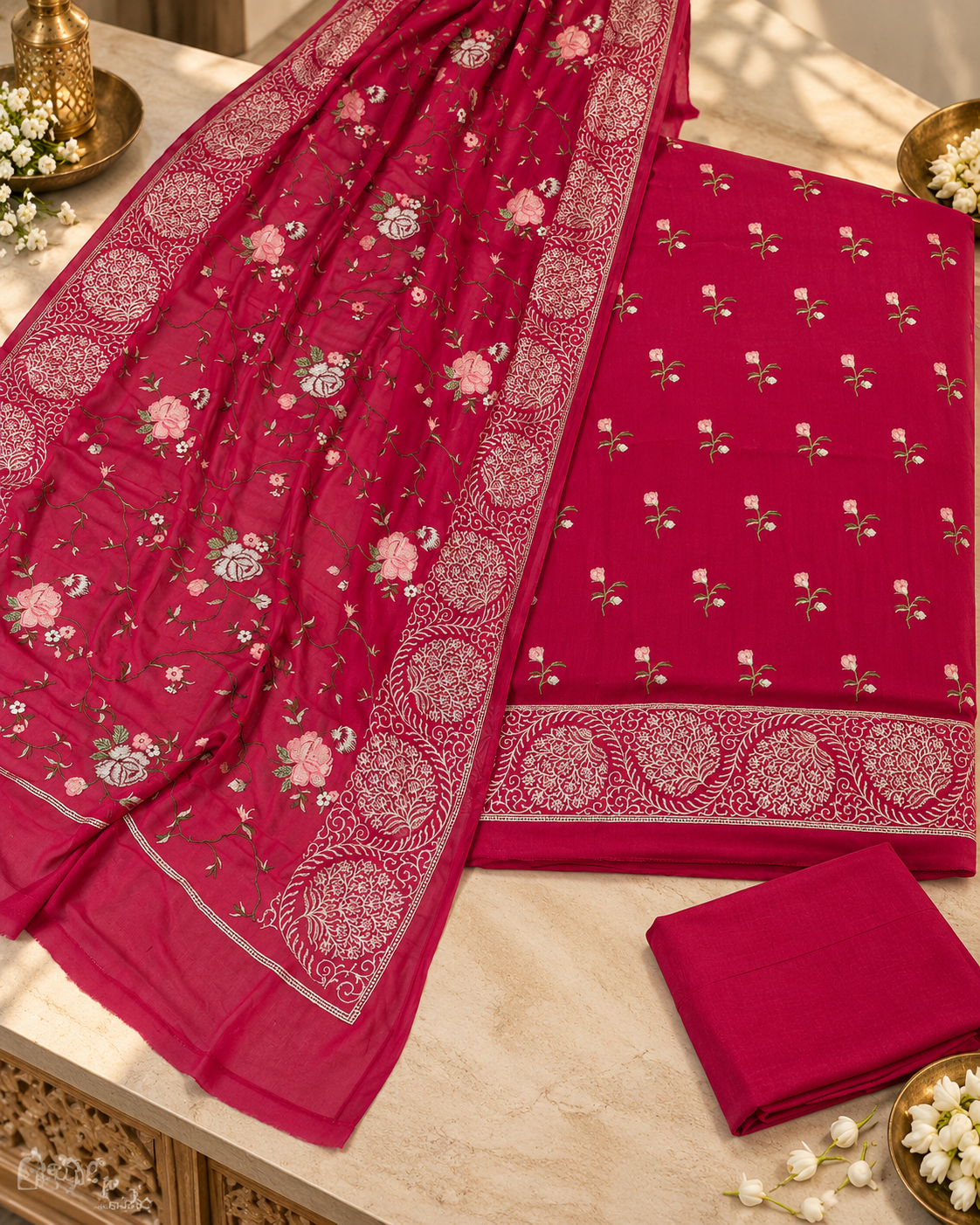 Naqsh-e-Rani – Dark Rani Pure Khaddi Georgette 6 Colour Resham Work Suit Set