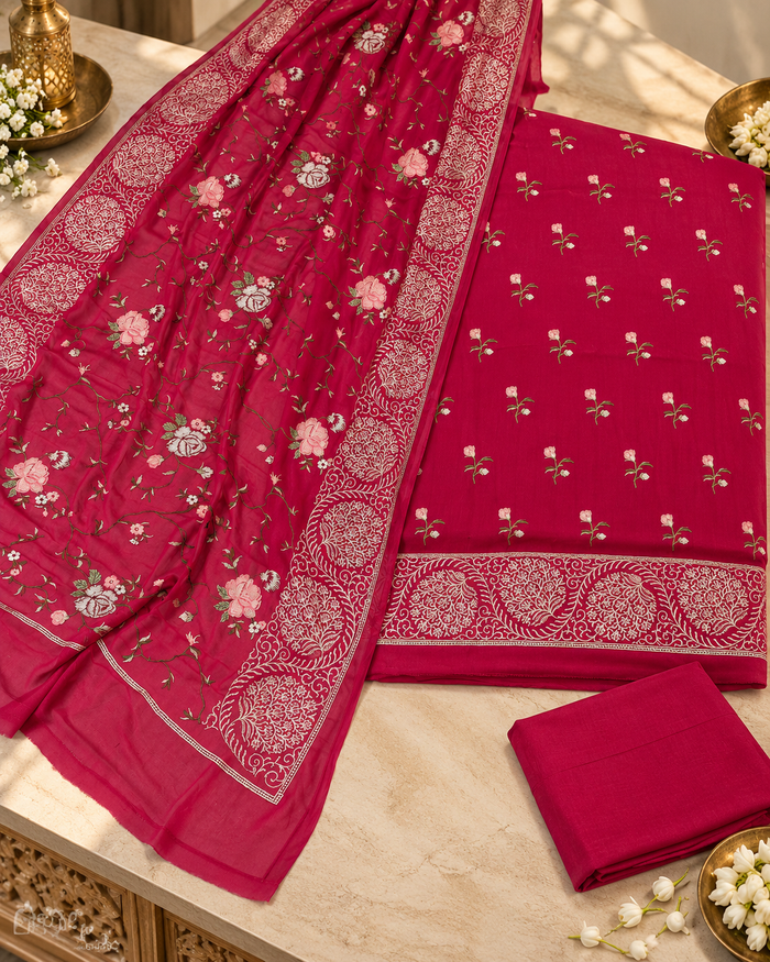 Naqsh-e-Rani – Dark Rani Pure Khaddi Georgette 6 Colour Resham Work Suit Set