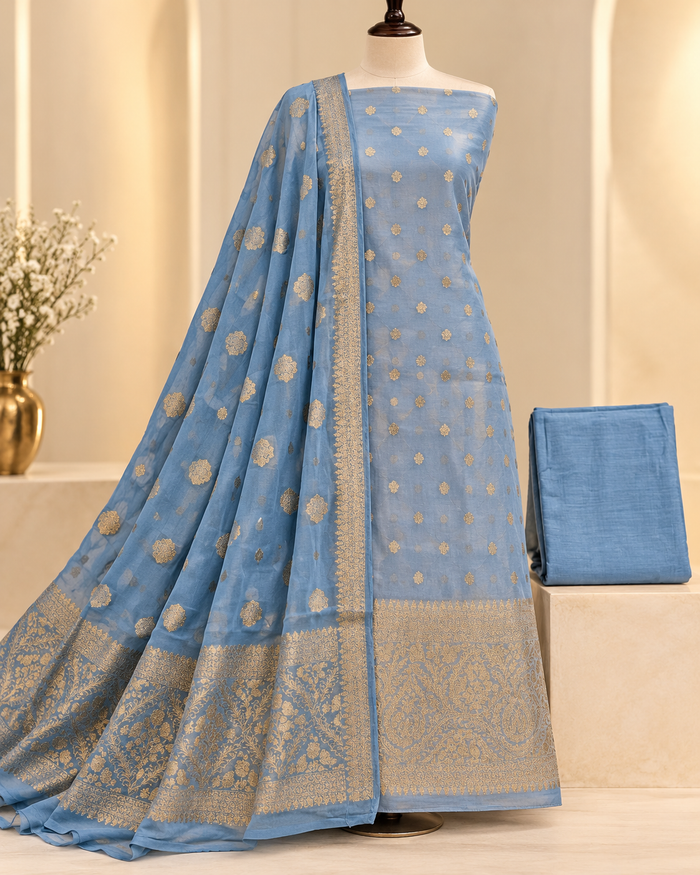 Banarasi Mehr-e-Noor – Sky Blue Golden Zari Woven Suit Set