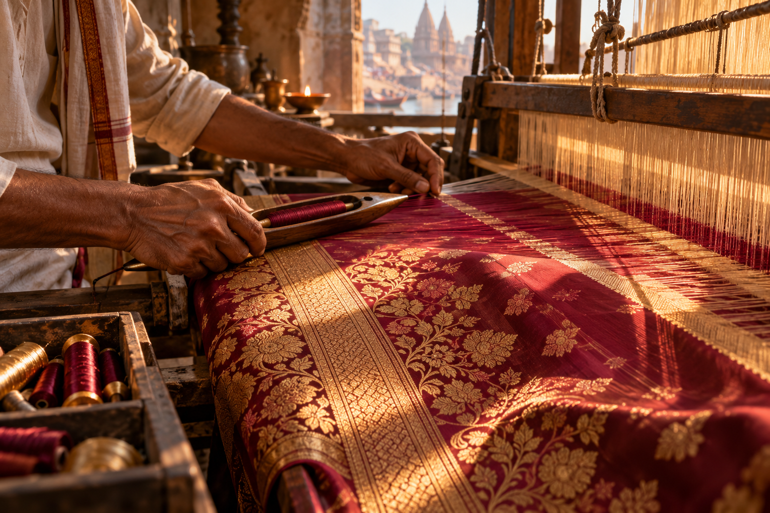 Conceptual view of silk weaving at a loom